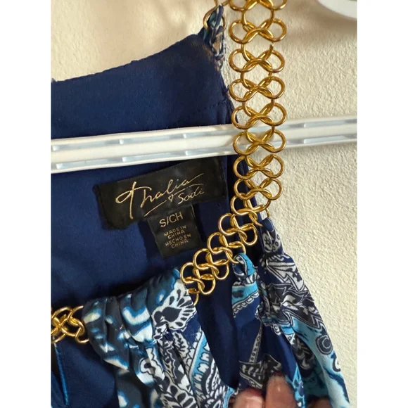 Women's Thalia Sodi Maxi Dress Size S Blue Gold Chain Halter - Picture 3 of 13
